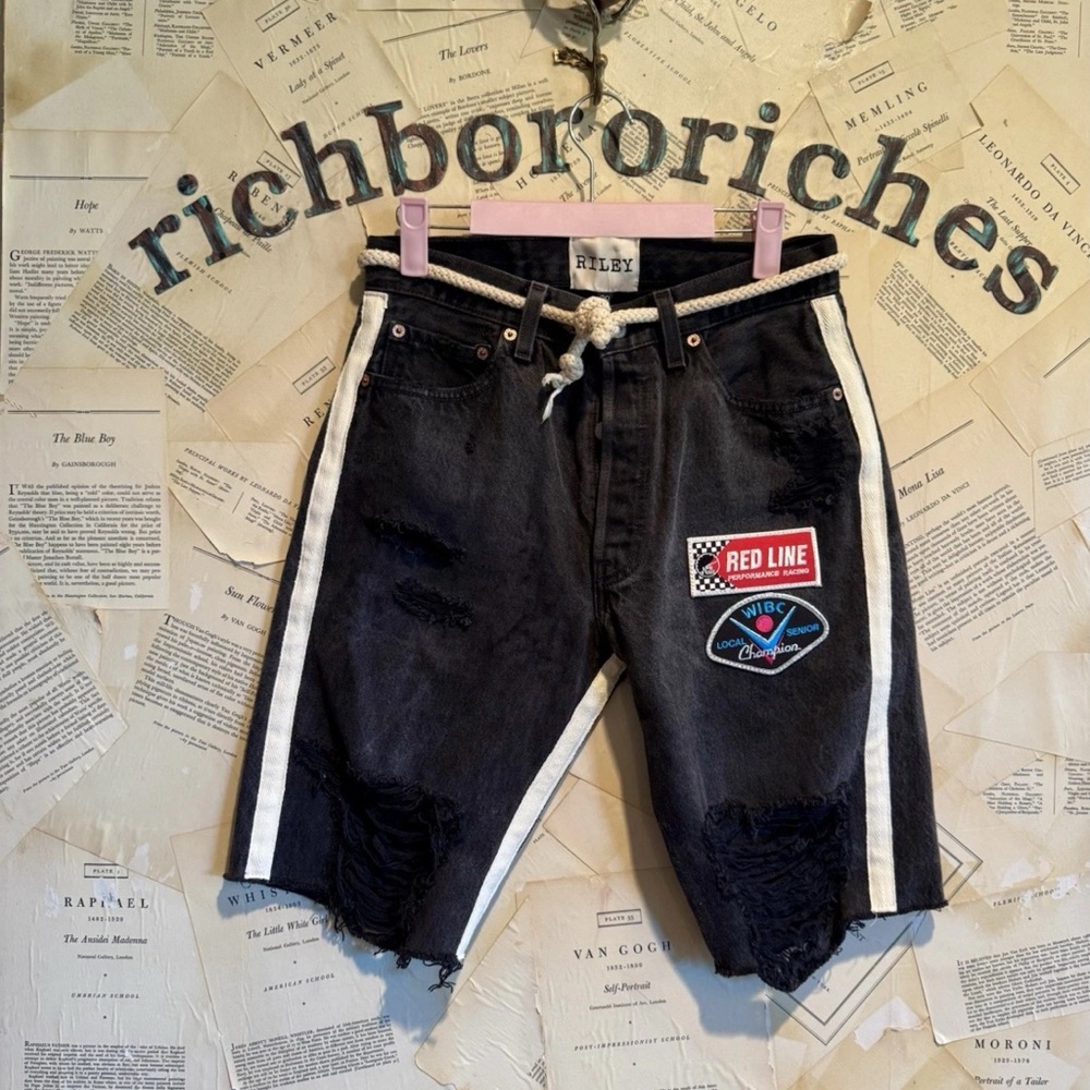 Free People Riley Racing Jorts Short Denim Distressed Patchs RacingStripe Black - Picture 5 of 6